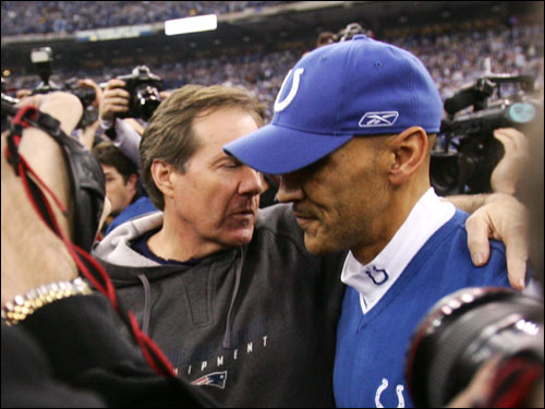 Patriots head coach Bill Belichick congratulated Colts head coach Tony Dungy (right) after the Colts' victory in the AFC Championship game.