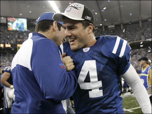 Former Patriots kicker Adam Vinatieri was congratulated after the game as he heads to his fourth Super Bowl in six years.
