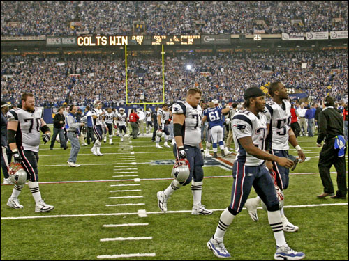 The Patriots walked off the field after their loss to the Colts in the AFC Championship game.