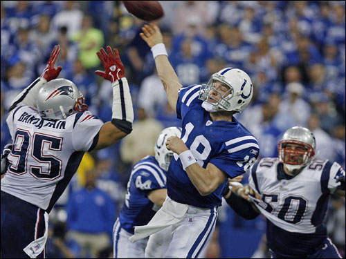 Peyton Manning heaved a throw off of his back foot on the Colts final drive late in the fourth quarter.