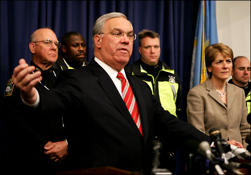 Mayor Thomas M. Menino issues a press release indicating there were nine suspicious devices found throughout the city. There is no indication from Menino that it was a hoax, but he says, at this time, there is no reason to be alarmed. (Photo from press conference earlier in the day)
