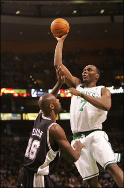 The Celtics stayed with the third-best team in the NBA until the bitter end, but the ending certainly was bitter for Celtics fans. Al Jefferson (right) had a strong game against Tim Duncan. Big Al dropped 26 points and 14 rebounds on the Big Fundamental.