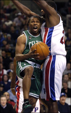 The Celtics woes continued in Detroit, but one of the few positives was Boston's offensive outburst which saw six players reach double figures, including struggling Sebastian Telfair, left, who chipped in 13 points to go along with 7 assists.