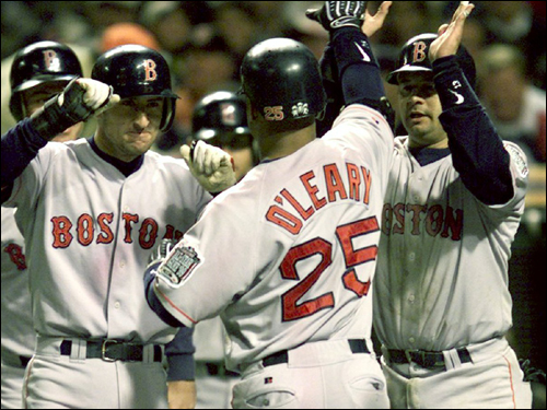 Troy O'Leary Originally drafted by the Milwaukee Brewers, O'Leary came to Boston via the waiver wire in 1995 and took over the left field job in 1998. 'WAAAAAY BAAAACCCCK, grand slam Troy O'Leary,' was the famous radio call of Jerry Trupiano during the 1999 ALDS Game 5 in Cleveland, where O'Leary hit two home runs, a three-run shot and a grand slam, in a 12-8 win that put the Sox in the ALCS. O'Leary's best season was in 1999, when he had career highs in homers (28), RBIs (103), and doubles (36). He hit .274 with 127 home runs and drove in 591 over his 11-year career. O'Leary retired after the 2003 season after winding down his career with the Expos and Cubs. ( O'Leary's stats and facts )