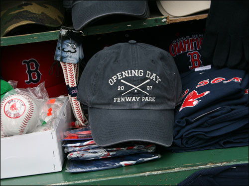 Memorabilia outside the ballpark includes a special cap for the 2007 opener.