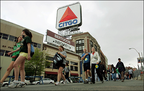Participants in the Walk for Hunger proceed westbound on Beacon Street through Kenmore Square at the beginning of their 20 mile walk on Sunday, May 6.