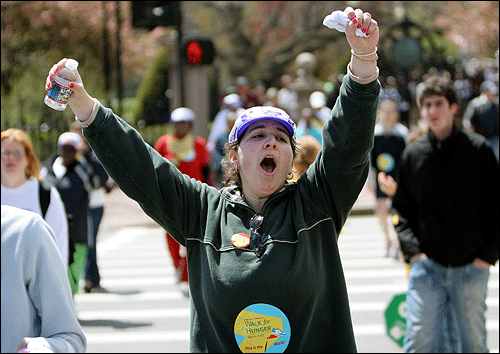 Denise Goldman cheers as she finishes the Walk for Hunger at the Boston Common Sunday afternoon.