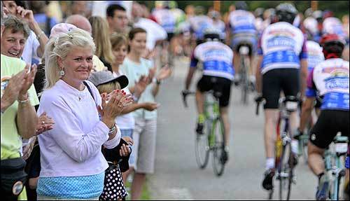 Spectators cheered on as the cyclists got underway in Sturbridge.