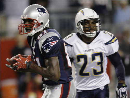 Patriots wide receiver Randy Moss caught a touchdown pass from Tom Brady (not pictured) in the first quarter.