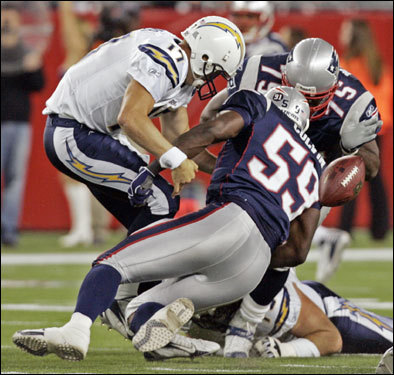 Chargers QB Phillip Rivers fumbled in the first quarter. The Patriots recovered the loose football.