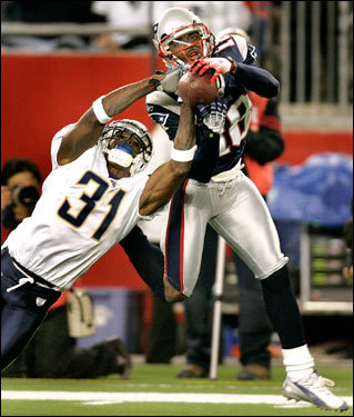 San Diego cornerback Antonio Cromartie committed a pass interference penalty while attempting to break up this deep pass to Pats wide receiver Donte Stallworth in the second quarter.