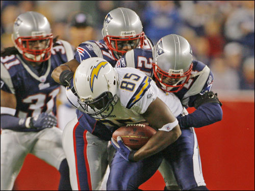 Chargers tight end Antonio Gates was tackled after a gain.