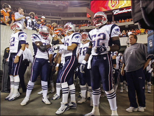 The Patriots prepared to come out onto the field.