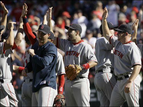 Red Sox players celebrated after the final out of Game 3 of the ALDS.