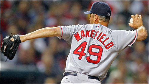 Red Sox starting pitcher Tim Wakefield delivered against the Indians at Jacobs Field in Game 4 of the American League Championship Series on Tuesday night in Cleveland.