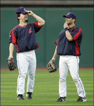 Indians rightfielder Trot Nixon (left) laughed with teammate David Dellucci during batting practice.