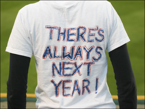 An Indians fan wore a shirt with a catch phrase for Red Sox fans.