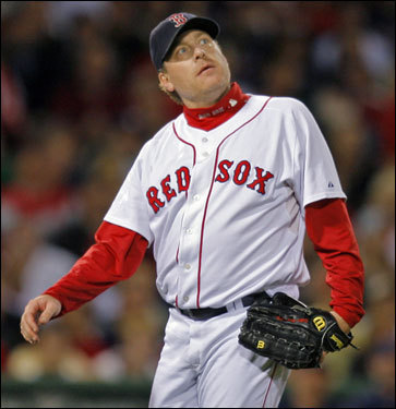 Curt Schilling watched a long fly ball off of the bat of Grady Sizemore (not pictured) that just missed being a home run in the first inning.