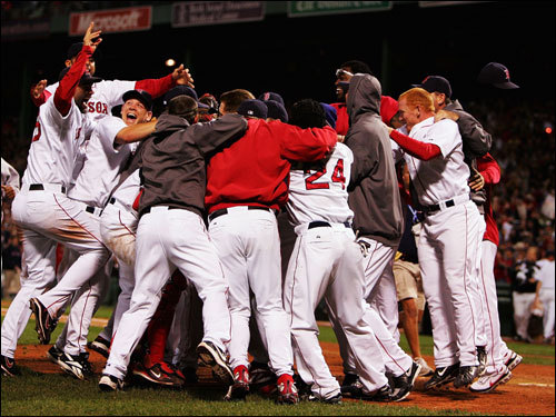 Red Sox players celebrated on the field.
