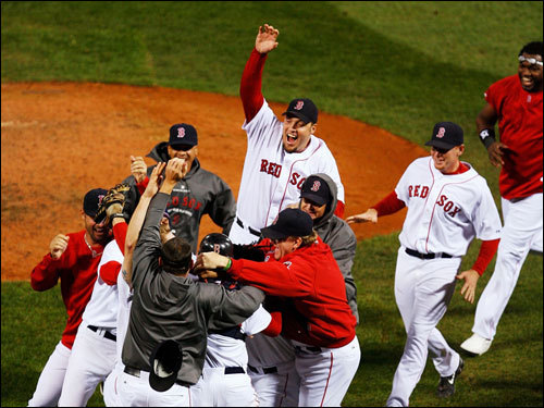 Red Sox players joined the celebration on the mound.