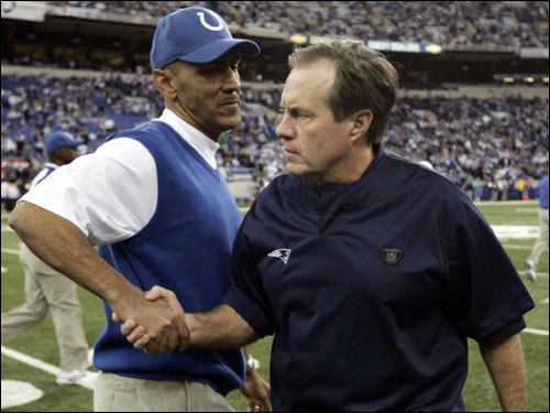 Colts head coach Tony Dungy (left) and Patriots head coach Bill Belichick shook hands before the game.