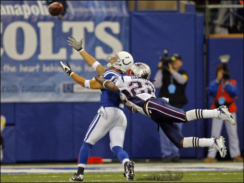 Patriots cornerback Asante Samuel (22) was flagged for pass interference on this long pass play in the first quarter.