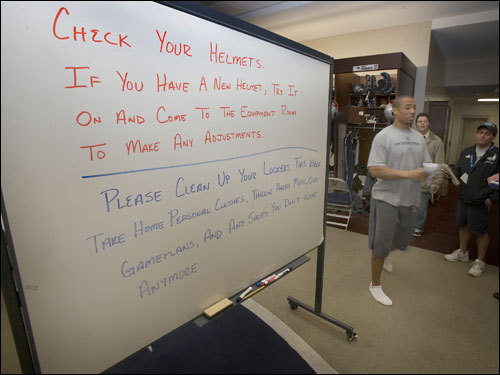 Instructions were written on a whiteboard for Patriots players.