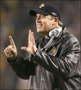 For once, a team can play the 'no respect' card and have it be genuine. The Jaguars, who always play second fiddle to the Colts in the AFC South, have remained hungry and focused even after they were written off early when coach Jack Del Rio (pictured) cut former franchise QB Byron Leftwich and again in midseason after key injuries to defenders Marcus Stroud (ankle) and Mike Peterson (hand). In addition, not a single Jaguar is headed to the Pro Bowl.