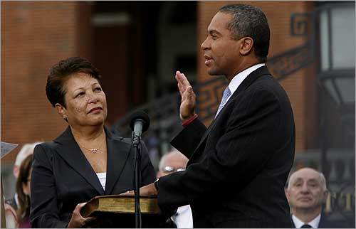 Here is a look back at Deval Patrick's first year as governor of Massachusetts. Diane Patrick held the Mendi Bible for her husband as he was sworn in during his Inauguration Jan. 4, 2007.