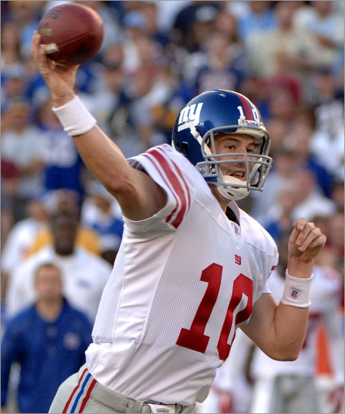 Eli Manning, Anthony Wright, Jared Lorenzen Manning (pictured) threw 20 interceptions in 529 regular-season pass attempts, but he’s sharpened his game in the playoffs. In 85 attempts over three games, he has yet to fire an interception. A 56 percent passer in the regular season, he’s at 62.4 percent in the postseason. After an uneven regular season, Manning is playing with confidence and has emerged as a leader in the playoffs, which some have suggested is tied to the absence of sometimes volatile tight end Jeremy Shockey. His career 3-2 record as a starting quarterback in the playoffs makes him just the third Giants quarterback to win as many as three postseason games in the Giants Stadium era (1976-present). Edge: Patriots