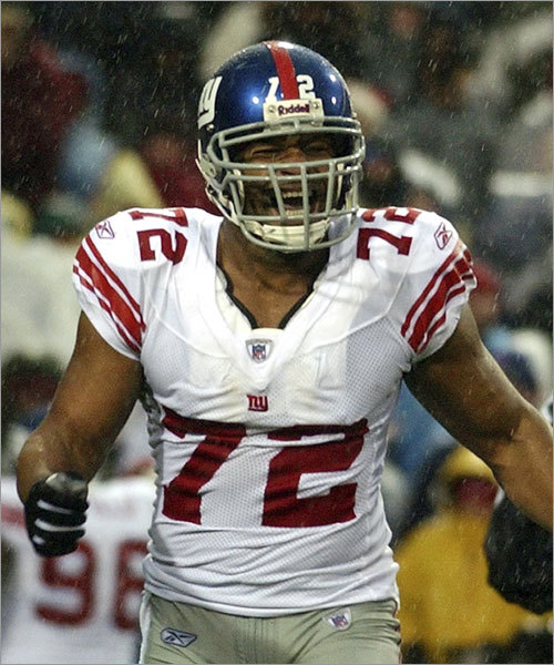 Michael Strahan, Barry Cofield, Fred Robbins, Osi Umenyiora, Justin Tuck, Dave Tollefson, Manny Wright, Russell Davis, Jay Alford Playing a 4-man line, the Giants can force opposing quarterbacks into mistakes with their pressure-based approach led by Umenyiora (13 sacks, pictured), Tuck (10), and Strahan (9). Tuck comes on in third-down situations, and his ability to get push up the middle often forces quarterbacks to evacuate the pocket. The Giants also are likely to overload blitzes on one side. Starting tackles Cofield (6-4, 306) and Robbins (6-4, 317) are more likely to hold their ground than penetrate. Like the offensive line, the unit has been durable, starting the same foursome in all but two games. Edge: Even
