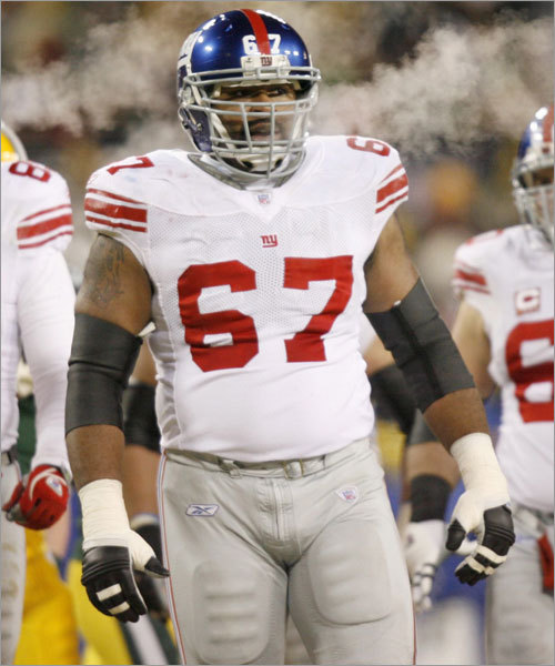 David Diehl, Rich Seubert, Shaun O’Hara, Chris Snee, Kareem McKenzie (pictured) , Guy Whimper, Kevin Boothe, Grey Ruegamer, Adam Koets A key for any offensive line is seeing the game through one set of eyes and continuity has helped the Giants, with all five starters going wire to wire in the regular season. The only time a lineman missed a game was the wild-card round of the playoffs, when former Patriot Ruegamer started in place of O’Hara at center. O’Hara is the leader of the group and one of the team’s captains. Giants quarterbacks were sacked just 28 times during the season, one of the better marks in the league based on pass plays (No. 11). The line has also been effective opening holes in the running game, with former Boston College guard Snee a top bulldozer at right guard. Edge: Patriots