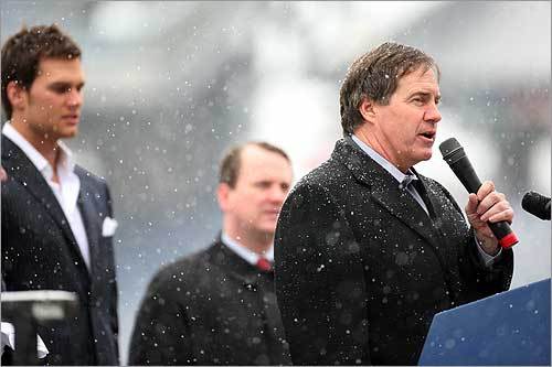 Coach Bill Belichick (right) also spoke to the crowd, but he had to wait a minute to start talking because the cheers were so loud. 'We certainly appreciate your support,' said Belichick. 'You should know that you have a great group of players, and a great group of people standing behind me. No one's given you more than this group of players. I'm sure they'll give it to you again this week.'
