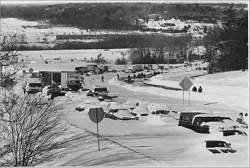 When the storm began moving into eastern Massachusetts on the afternoon of Feb. 6, thousands of people were freed from their jobs so they could get home safely. But the wind-blown snows began falling at well over an inch an hour, and soon the occupants of some 3,000 cars and 500 trucks became stranded in rapidly-developing snowdrifts along Rt. 128. Fourteen people would die from carbon monoxide poisoning as they huddled in their snow-trapped vehicles.