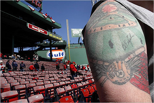 David Long, of Ansonia, Conn., sported a Red Sox -nspired tattoo while