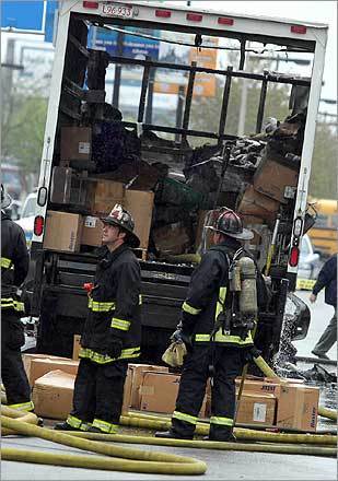 Firefighters were concerned with the potentially dangerous chemicals being carried by the truck, and waited for hazmat teams to arrive after extinguishing the fire.