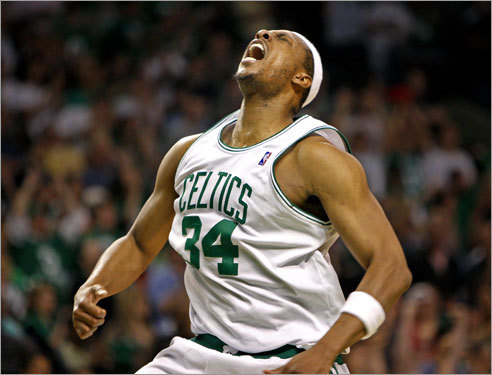 Paul Pierce shouted in celebration during the final minute of the Celtics' victory Sunday in Game 7 of the Eastern Conference semifinals. Pierce led the Celtics with 41 points.