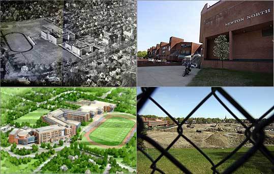 Clockwise, from top left: Newton North High School in 1950; the current school; the future site of the new school; an artist's rendering of the new school.