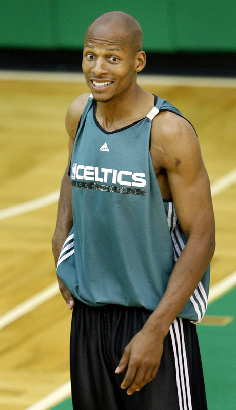 Celtics guard Ray Allen is wide-eyed as he and Sam Cassell (not pictured) shot around together after practice.