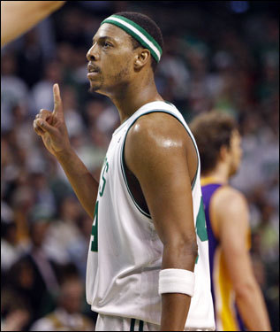 Paul Pierce holds up the number one, after the Celtics wrapped up Game 1 of the NBA Finals.
