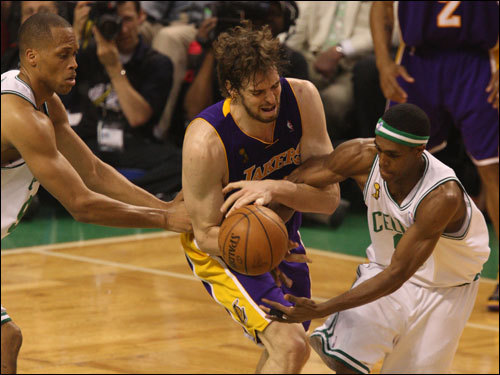 Rajon Rondo (right) stripped the ball from Pau Gasol (left) during action.
