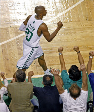Ray Allen reacted after hitting a shot.