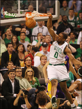 Celtics forward Leon Powe finished a fast break with a dunk.