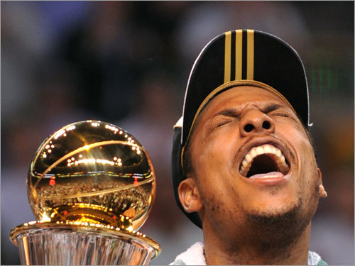 Paul Pierce reacted after receiving the NBA Finals MVP trophy.