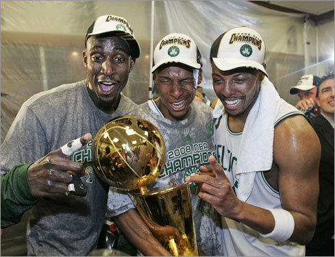 2007-2008 In 2007, the Celtics were coming off a miserable 24-58 campaign, second-worst in the NBA. They missed out on the two jewels of the draft, getting only the No. 5 draft pick. But savvy trades brought in stars Kevin Garnett (left) and Ray Allen (center), and the C's roared to a league-best 66-16 regular-season mark. Celtic lifer Paul Pierce (right) and Allen averaged better than 20 points per game apiece in the Finals, and Garnett poured in 18.2 points and 13 rebounds per game to bring Boston its record 17th championship in six games over the Lakers.
