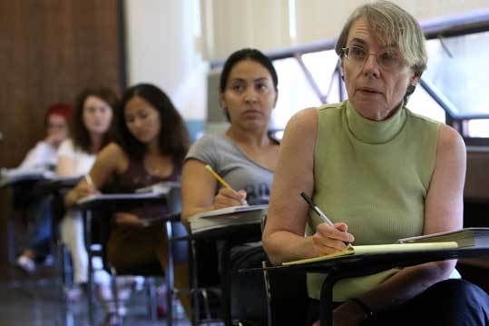Jane Gifun in her algebra class at Northern Essex Community College, where she is earning a degree in early-childhood education.
