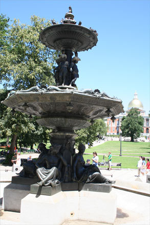 Another of Boston's oldest European-style fountains is Brewer Fountain (1868) in Boston Common near Park Street station. The fountain, by Paul Lienard and Mathurin Moreau, was purchased by Boston merchant Gardner Brewer at the Paris Exposition of 1867. This is one of Boston's nine fountains that do not circulate water, so these fountains are not turned on because they would waste water. Although the fountain is empty it is a perfect perch for pigeons who sit on every available ledge.