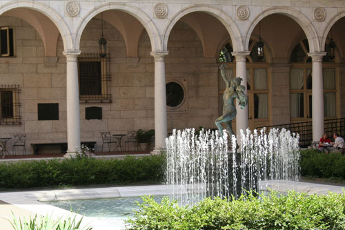 The city's most classical, and arguably most impressive, fountain is in the courtyard of the Boston Public Library. The courtyard and fountain were modeled after the palace courtyard at Cancelleria Palace in Rome and the bronze cast fountain statue, entitled 'Bacchante and Infant Faun' was made by Frederick MacMonnies.