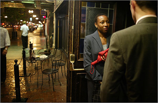 ‘At the same time that Boston represents liberty, represents democracy, it also represents the sore. I think it’s a tough thing to deal with. And I don’t know if people are prepared to do the work to make it better.’ Tiffany Dufu, talking to Tad Heuer, who is also new to Boston, outside the pub Solas
