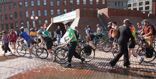 Today was the first Bike Friday event in the Boston area. The event, which aims to encourage biking to work, will happen again on Friday, Aug. 22. Cyclists from all parts of the city as well as the suburbs joined in to promote bike usage, and all groups converged at the terminus in Boston City Hall Plaza.